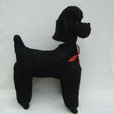 Ancienne peluche chien caniche noir yeux en verre tete tourne articulé en paille