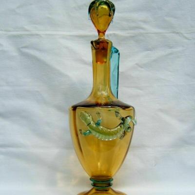 Ancienne carafe Auguste JEAN 1830 1890 Salamandre Lézard Verre bleu et jaune