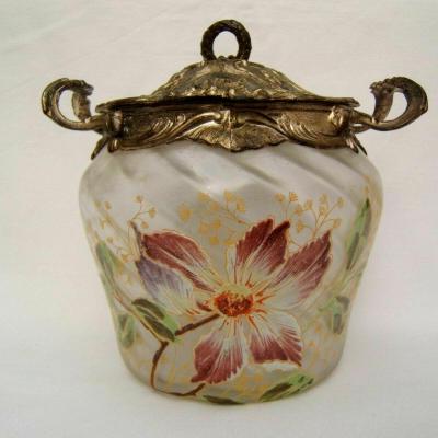 Ancien Pot seau à biscuits en verre émaillé legras décor de fleurs art nouveau